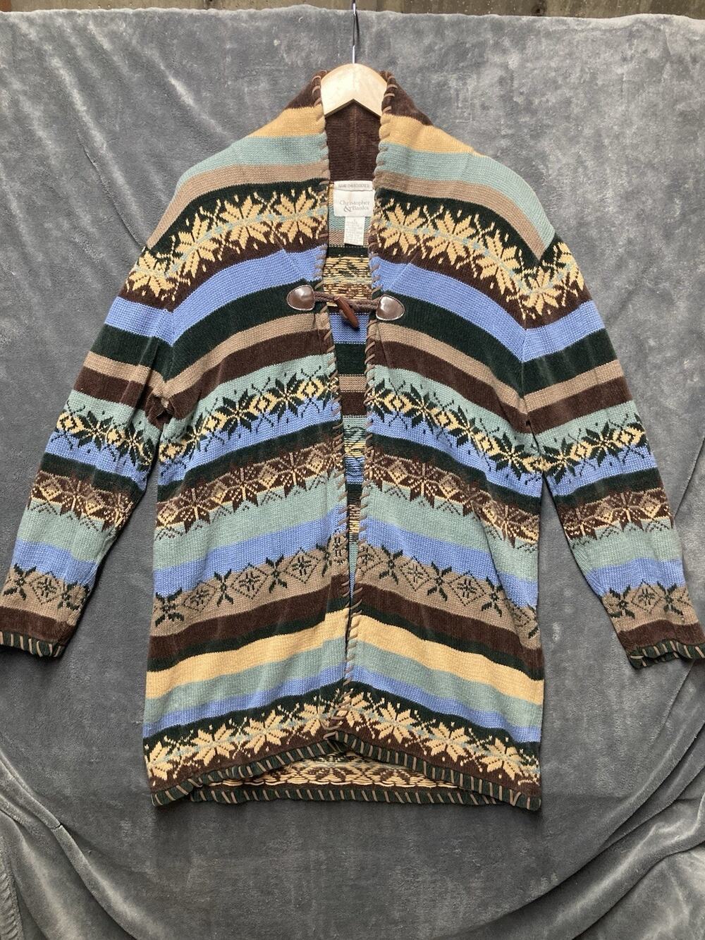 VTG Christopher & Banks Hand Embroidered Toggle Cardigan Sweater Aztec Nordic L